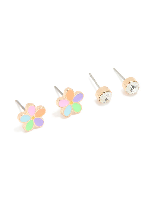 Gold Diamante & Multicoloured Flower Stud Earrings 2-Pack