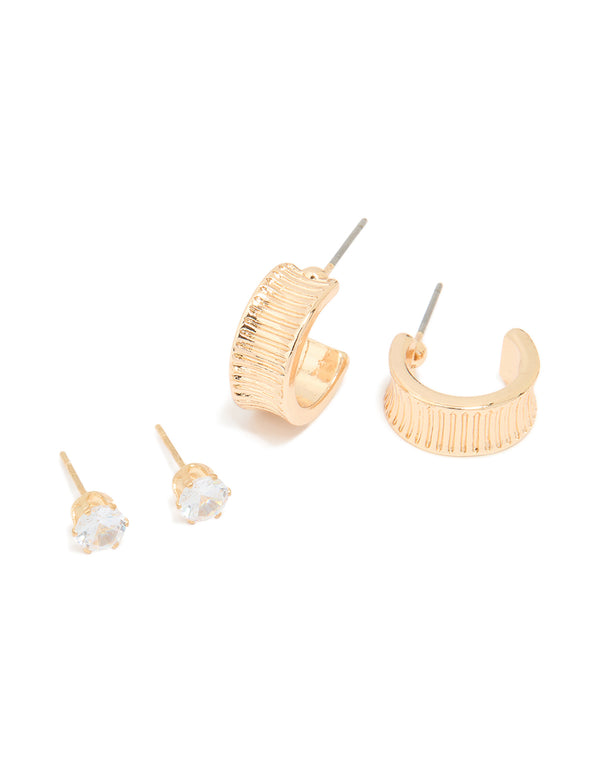 Gold Diamante Ribbon Hoop & Stud Earrings 3-Pack