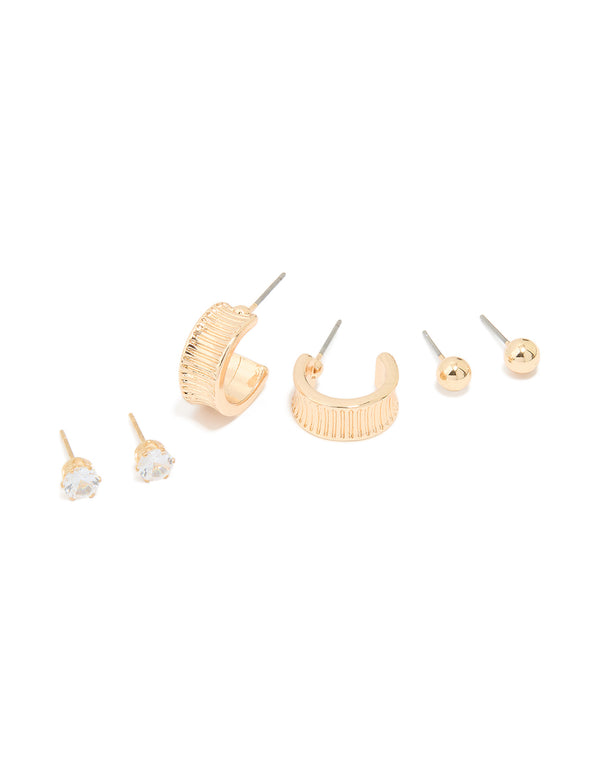 Gold Diamante Ribbon Hoop & Stud Earrings 3-Pack