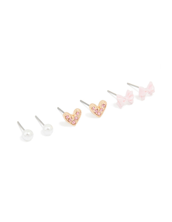 Gold Pearl Bow & Heart Earrings 3-Pack
