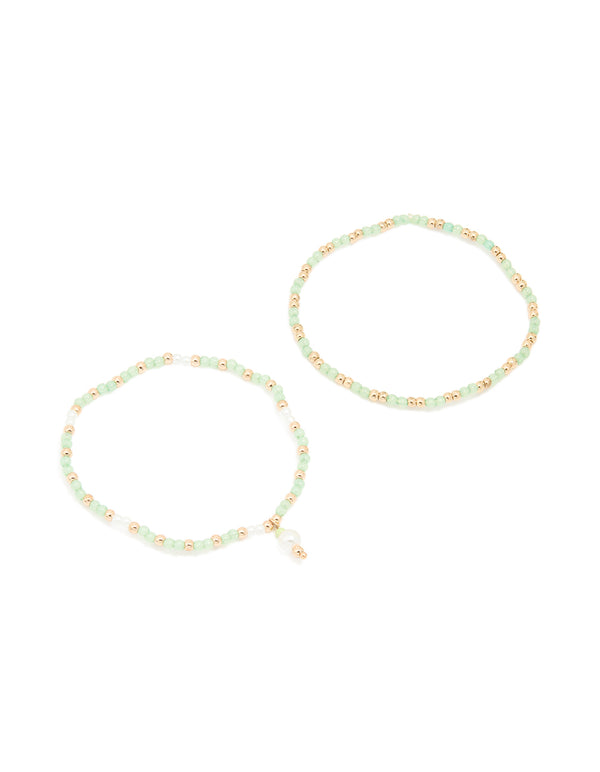 Gold Green Beaded Pearl Stretch Bracelets 2-Pack