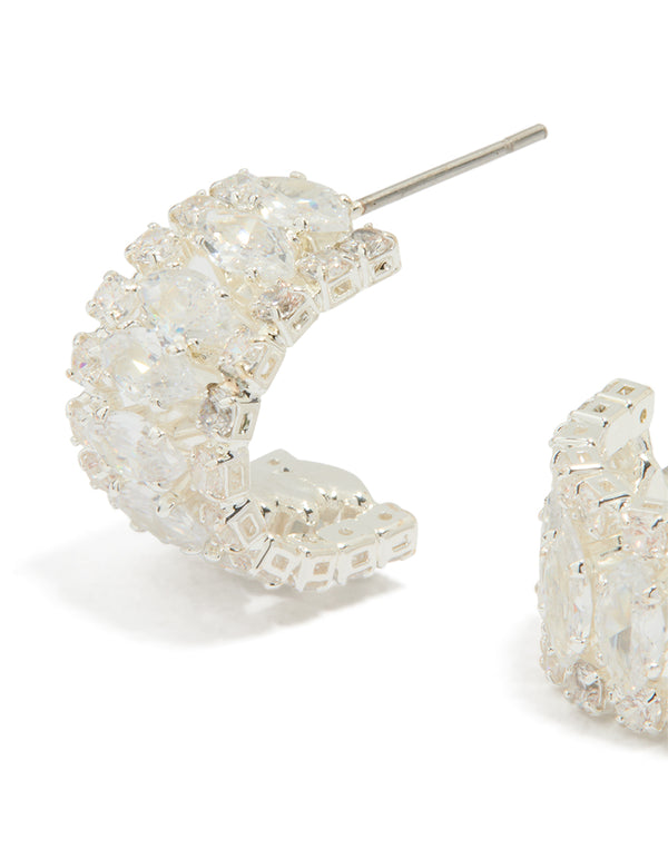 Silver Plated Cubic Zirconia Medium Hoop Earrings