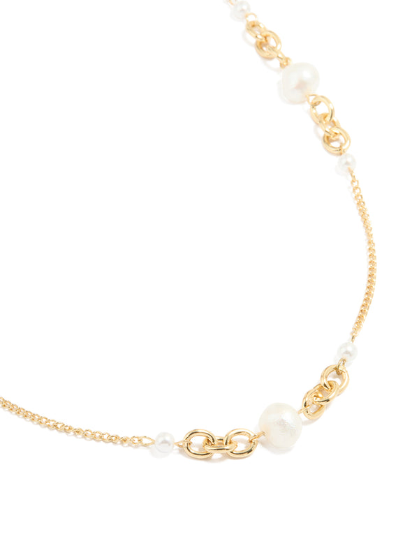 Gold Plated Freshwater Pearl & Mini Link Necklace