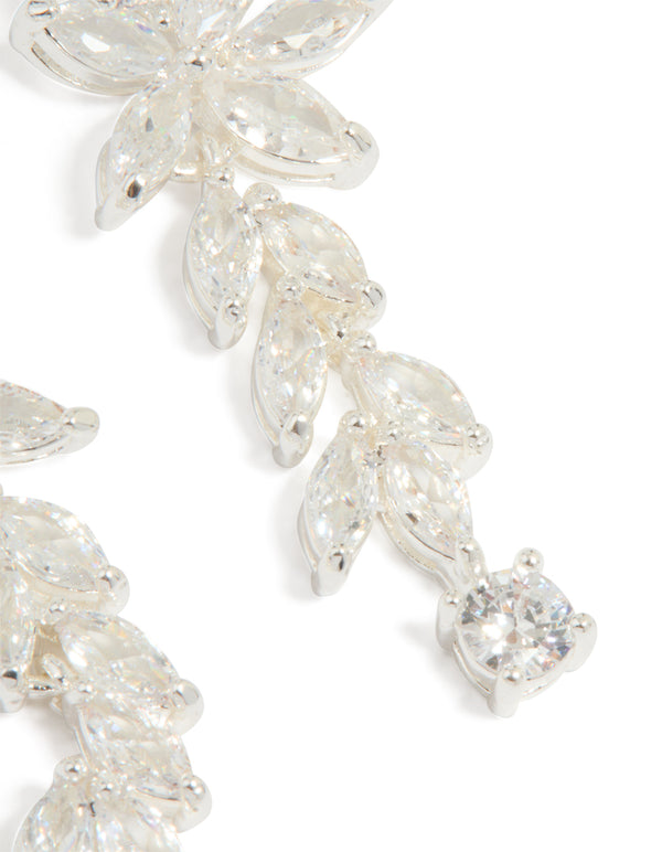 Silver Plated Cubic Zirconia Medium Flower Vine Drop Earrings