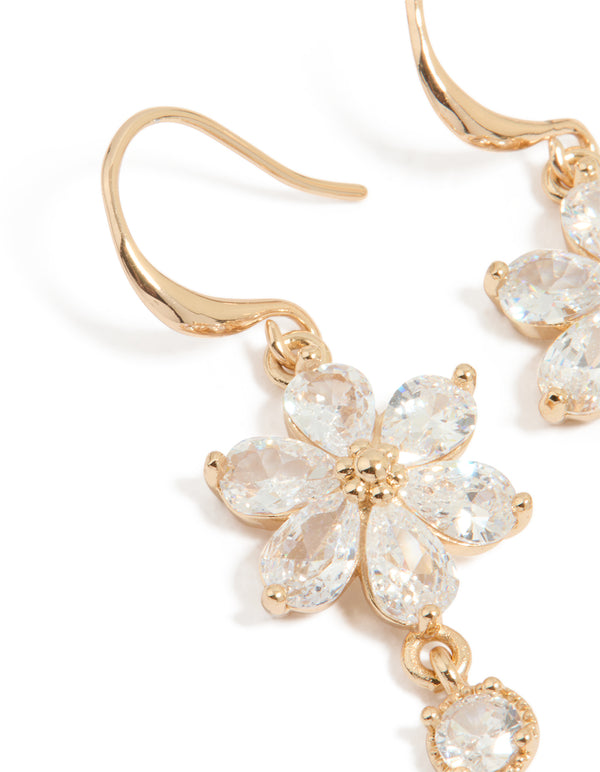 Gold Cubic Zirconia Flower Hook Drop Earrings