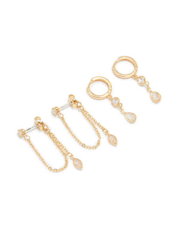 Gold Plated Cubic Zirconia Drop & Chain Earrings 2-Pack
