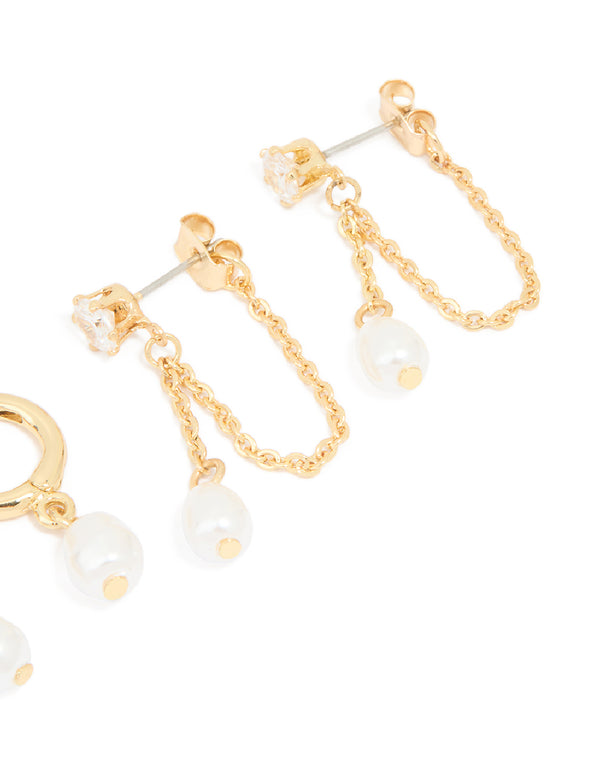 Gold Plated Pearl Huggie & Chain Stud Earrings 2-Pack