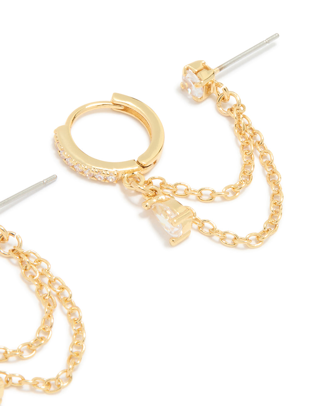 Gold Plated Cubic Zirconia Pear Layered Chain Huggie Earrings
