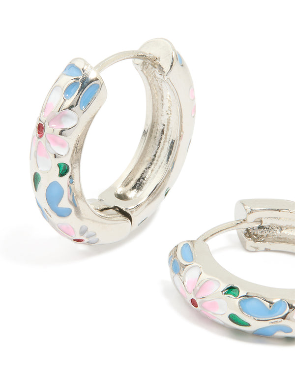 Silver Blue & Pink Enamel Flower Design Hoop Earrings