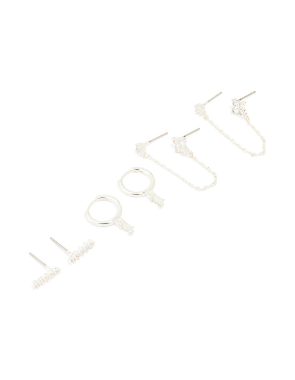 Silver Plated Brass Cubic Zirconia Chain & Stud Earrings 3-Pack