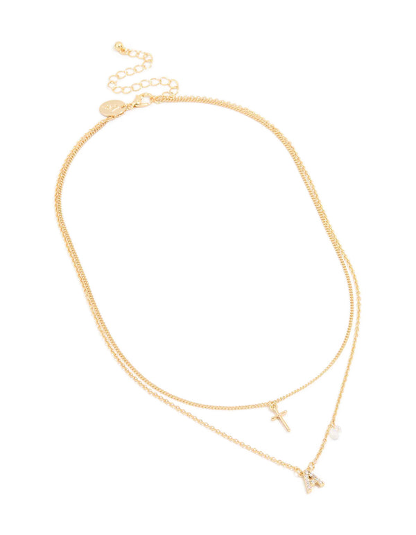 Gold Plated Cubic Zirconia Cross Letter A Layered Necklace