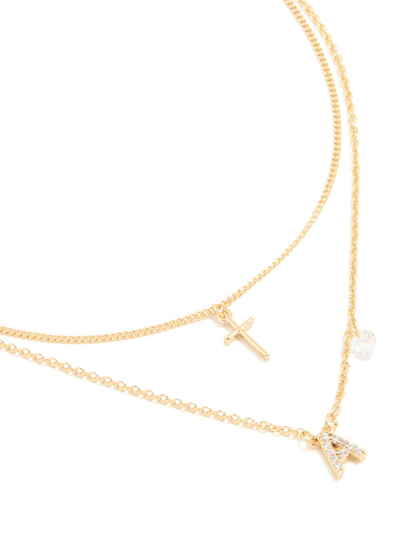 Gold Plated Cubic Zirconia Cross Letter A Layered Necklace