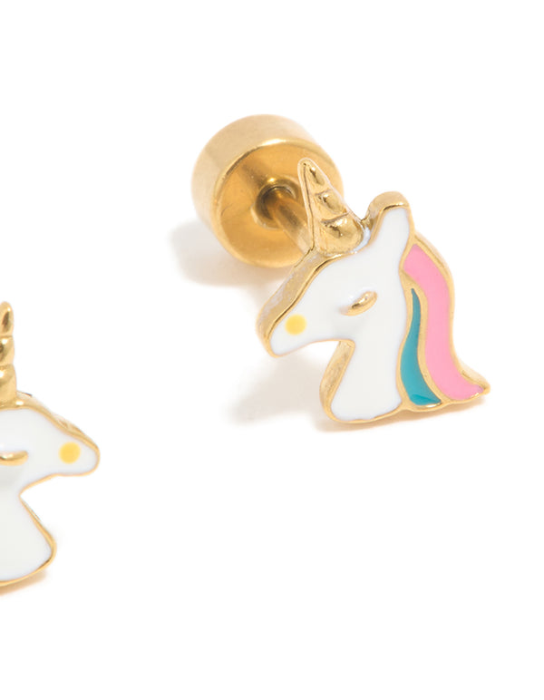 Kids Gold Plated Surgical Steel Unicorn Flat Back Earrings