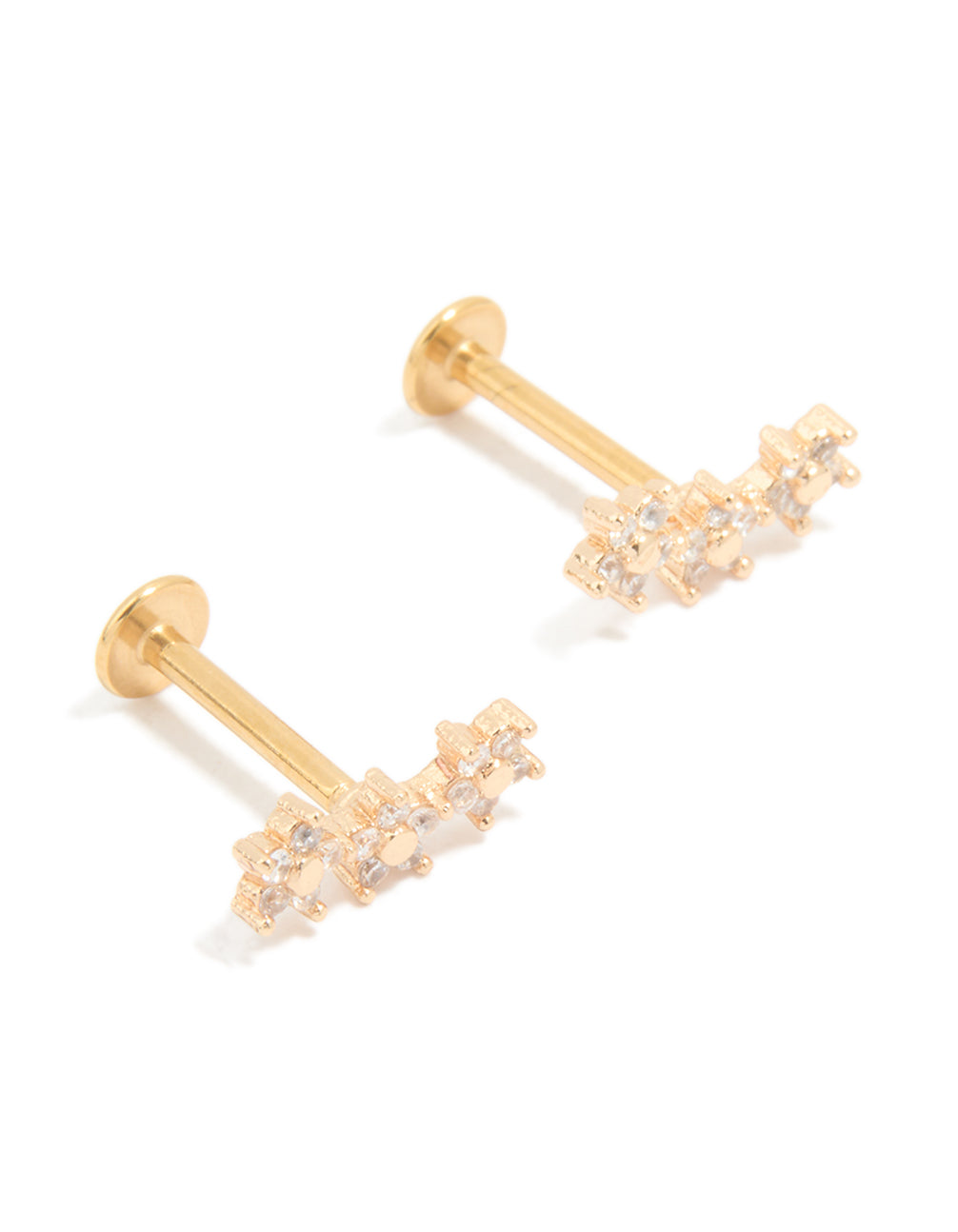 Gold Plated Surgical Steel Cubic Zirconia Flower Trio Flat Back Earrings