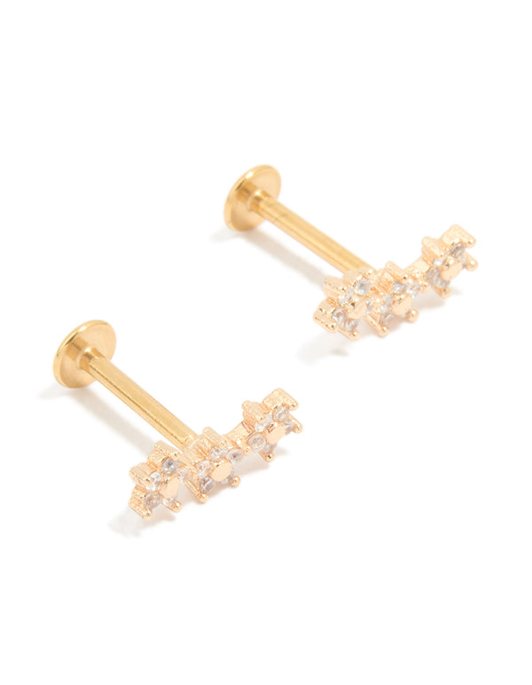 Gold Plated Surgical Steel Cubic Zirconia Flower Trio Flat Back Earrings