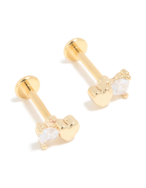 Kids Gold Plated Surgical Steel Cubic Zirconia Heart Flat Back Earrings