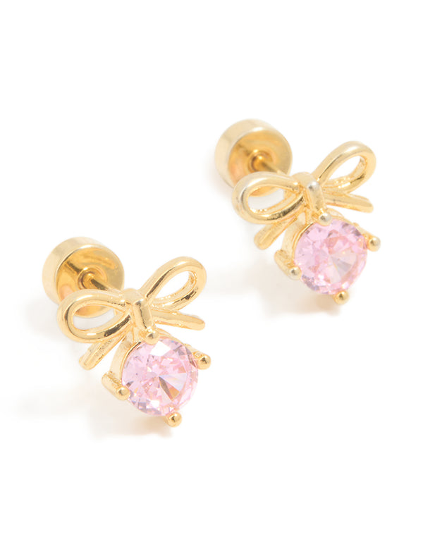 Kids Gold Plated Surgical Steel Pink Cubic Zirconia Bow Flat Back Earrings