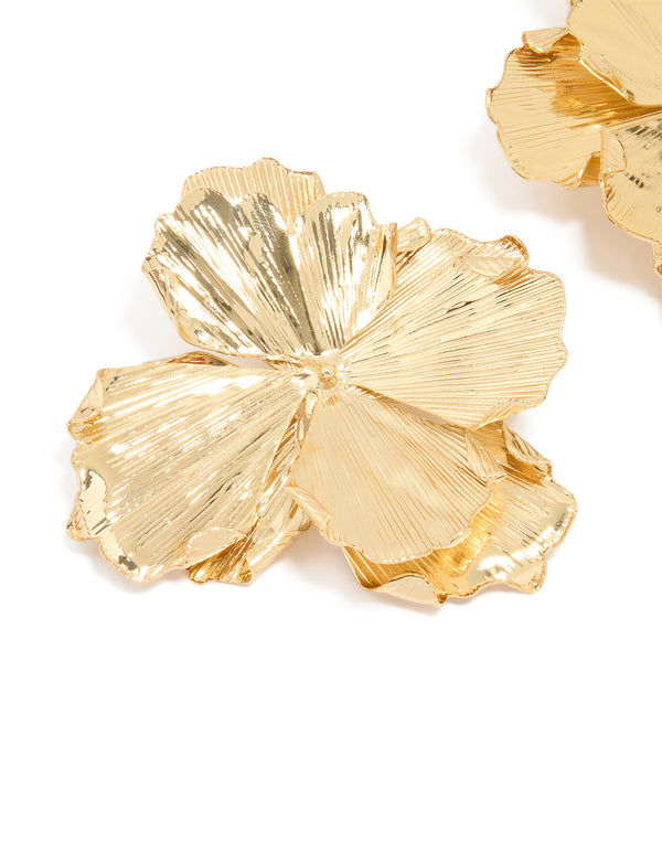 Gold Plated Large Organic Petal Flower Earrings