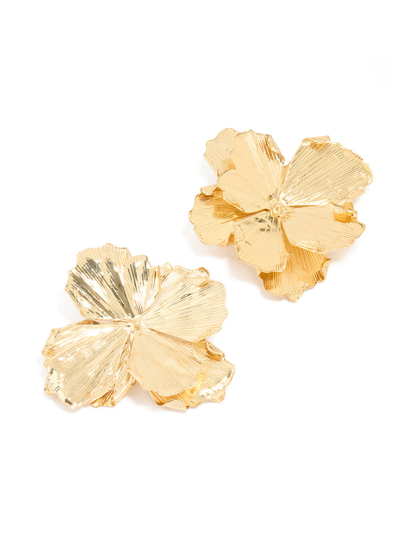 Gold Plated Large Organic Petal Flower Earrings