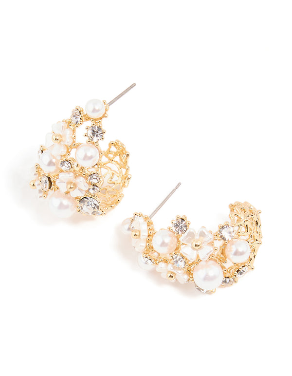 Showcasing gold plated flower diamante pearl graduating hoop earrings with floral design and hoop closure front view