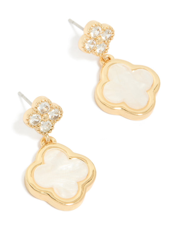 Gold Plated Double Flower Cubic Zirconia Drop Earrings