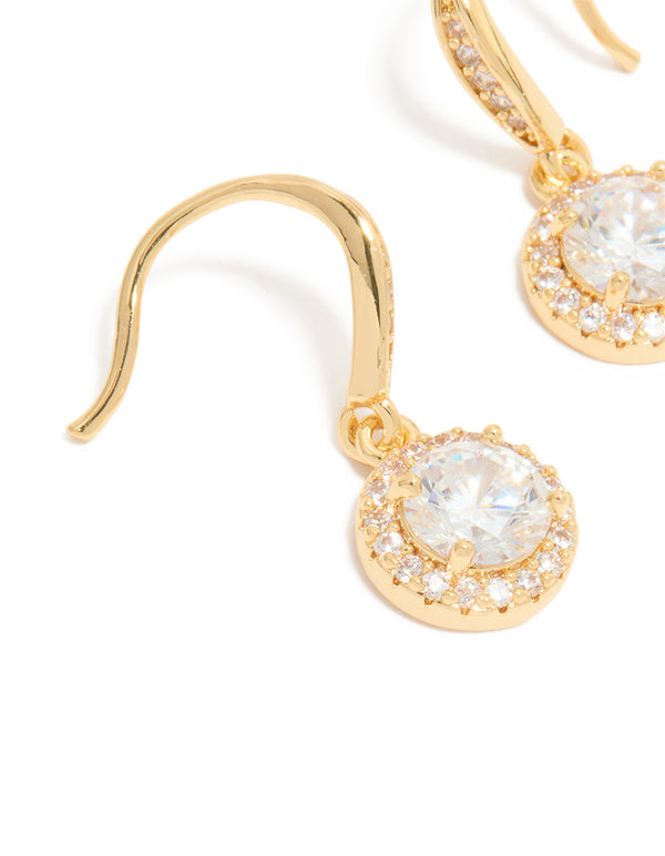 Exquisite small hook earrings featuring halo cut cubic zirconia in gold plated finish close up view