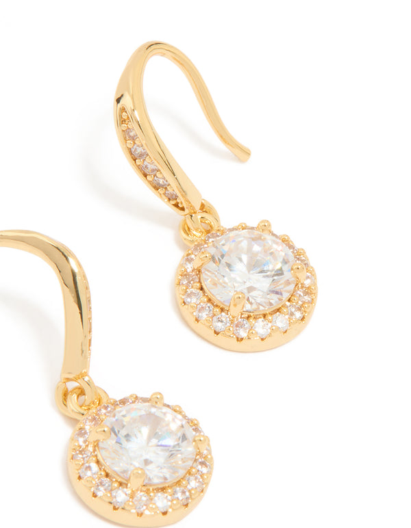 Exquisite small hook earrings featuring halo cut cubic zirconia in gold plated finish close up view