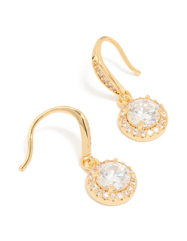 Beautifully crafted small hook earrings with halo cut cubic zirconia in gold plated finish front view