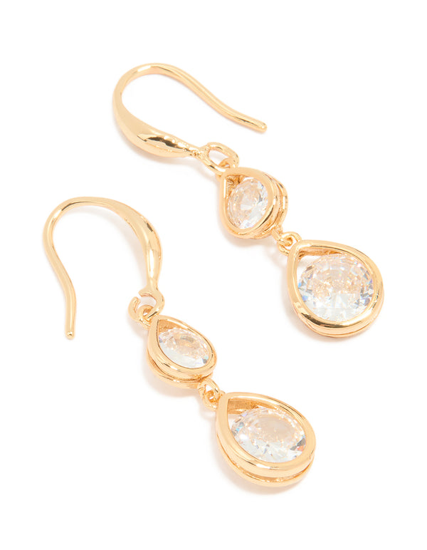 Gold Plated Double Cubic Zirconia Hook Earrings