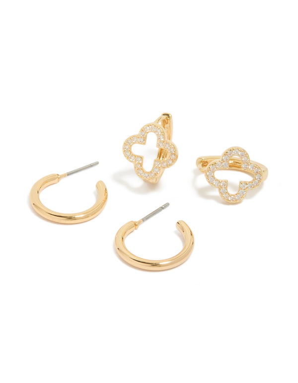 Gold Plated Cubic Zirconia Flower & Plain Huggie Earrings 2-Pack