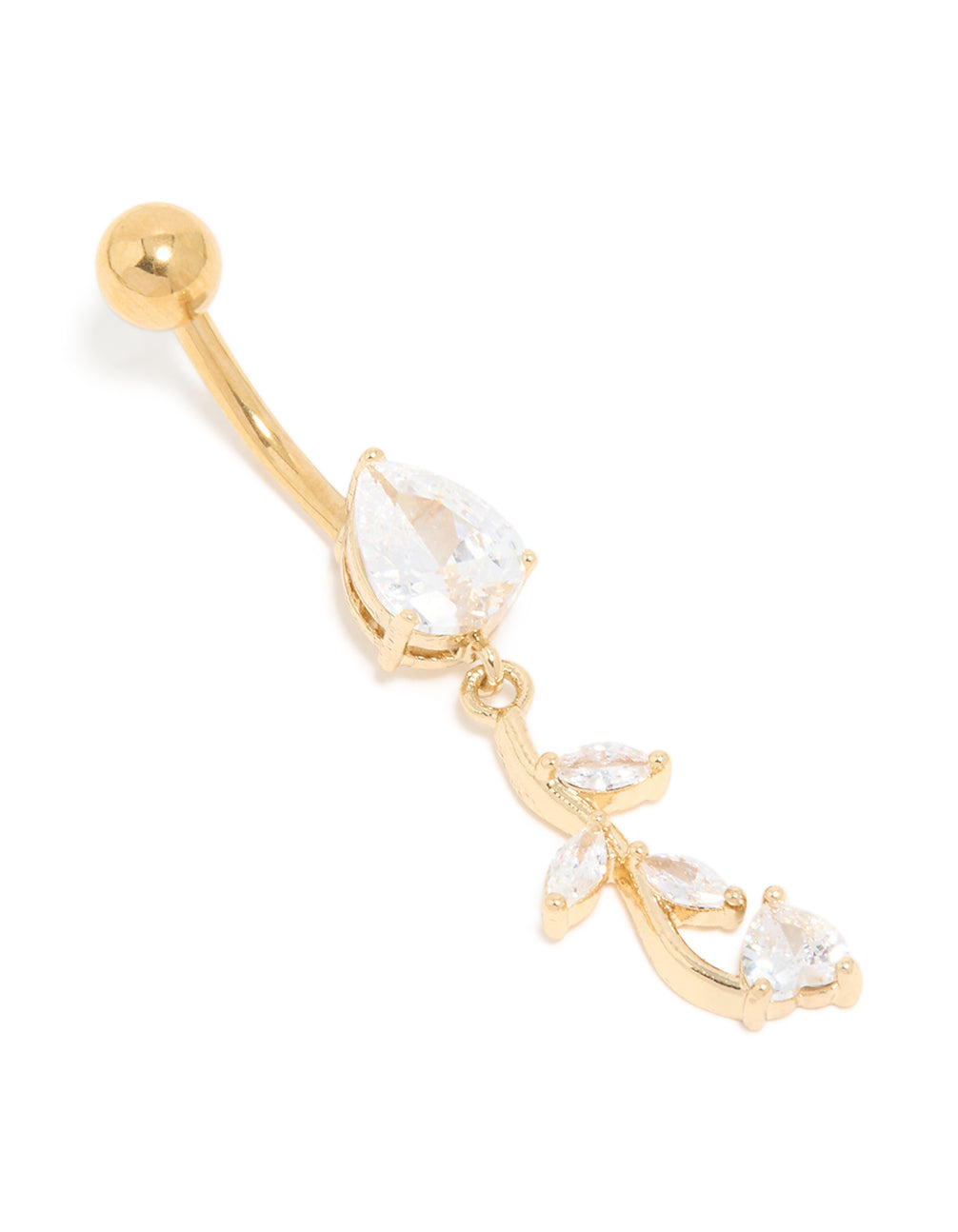 Gold Plated Surgical Steel Cubic Zirconia Pear Leaf Drop Belly Bar
