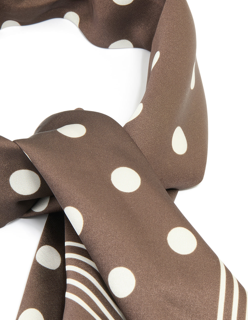 Showcasing rosy brown polka dot scarf with ivory accents and striped detail side view