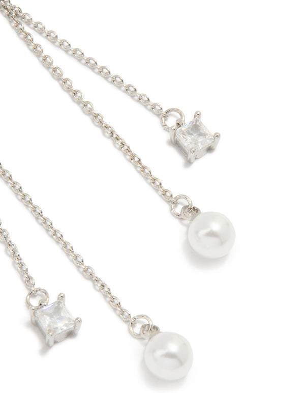 Silver Cubic Zirconia Pearl Chain Drop Earrings