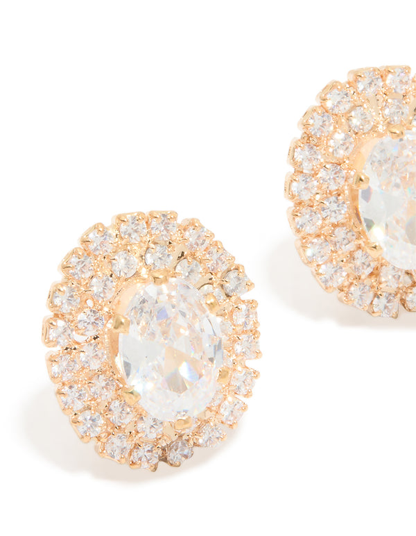 Gold Cubic Zirconia Oval Stud Earrings