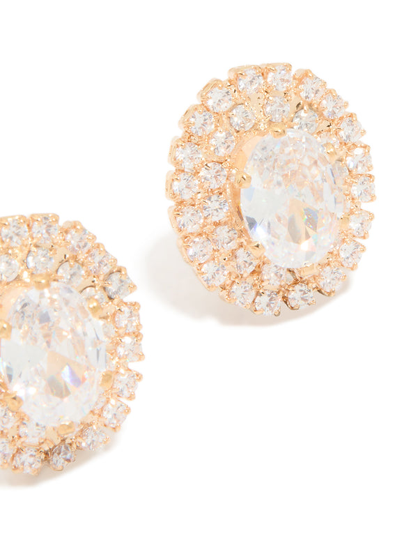 Gold Cubic Zirconia Oval Stud Earrings