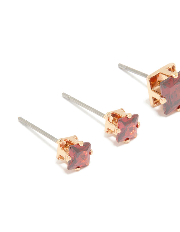 Gold Red Cubic Zirconia Square Stud Earrings 2-Pack