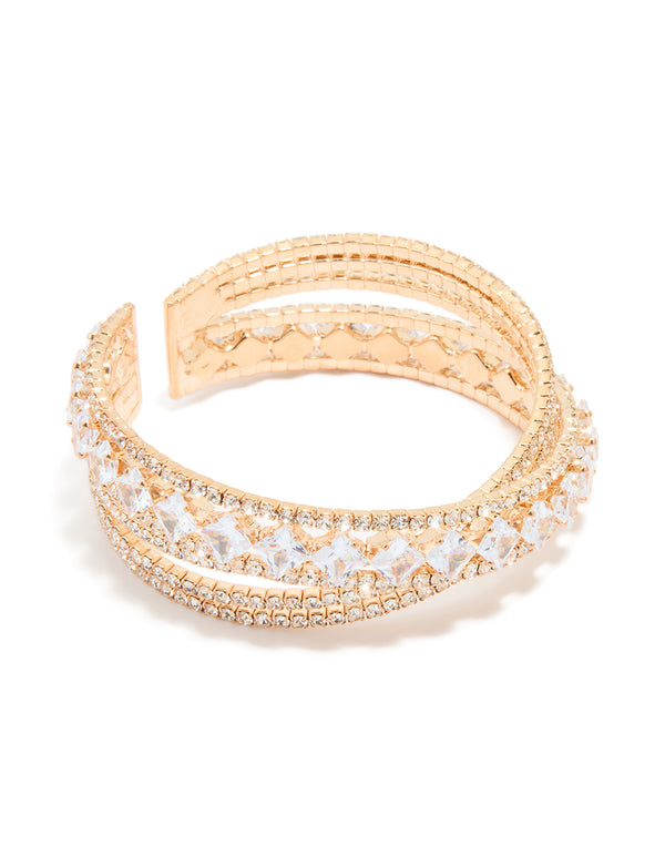 Gold Cubic Zirconia Multi Cross Wrist Cuff