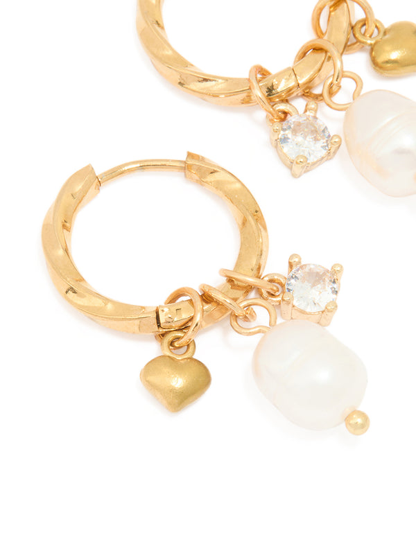 Waterproof Gold Plated Stainless Steel Freshwater Pearl Twist Hoop Earrings