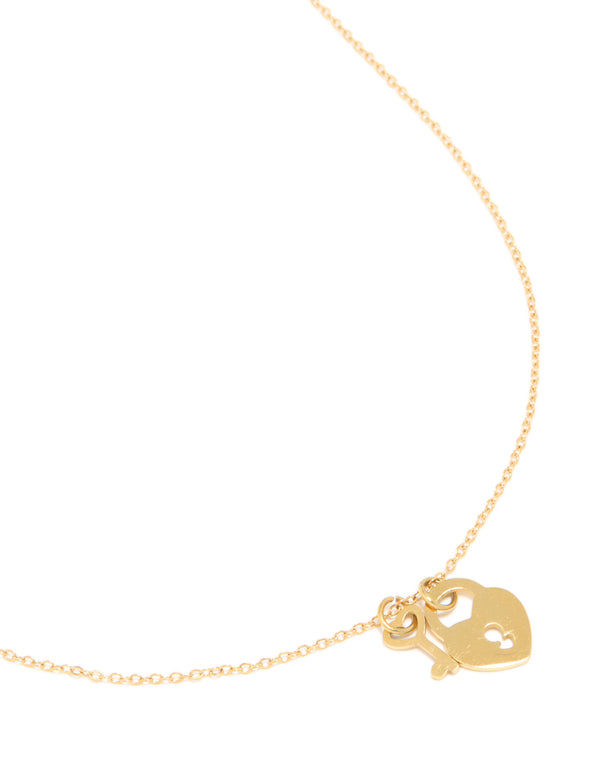 Waterproof Gold Plated Stainless Steel Key & Locket Pendant Necklace