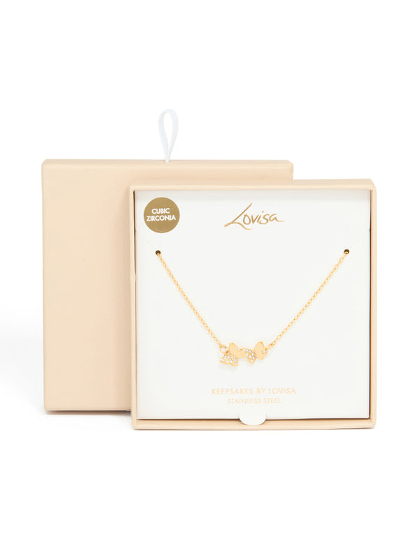 Gold Plated Stainless Steel Cubic Zirconia Butterfly Necklace