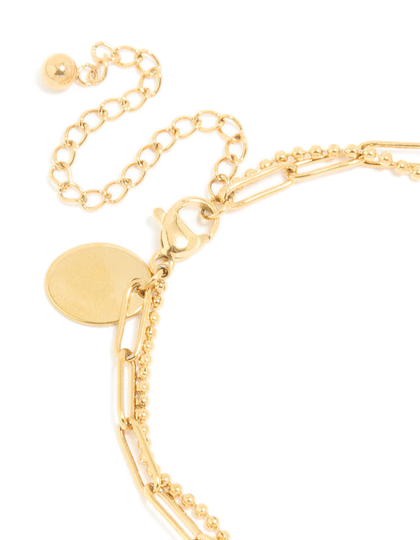 Waterproof Gold Plated Stainless Steel Green Semi Precious Stone & Love Bracelet 2-Pack