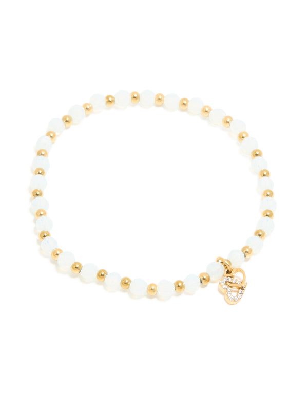 Waterproof Gold Plated Stainless Steel Clear Quartz Semi Precious Stone & Heart Link Chain Bracelet
