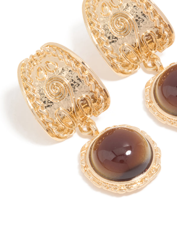 Gold Brown Stone Textured Drop Earrings