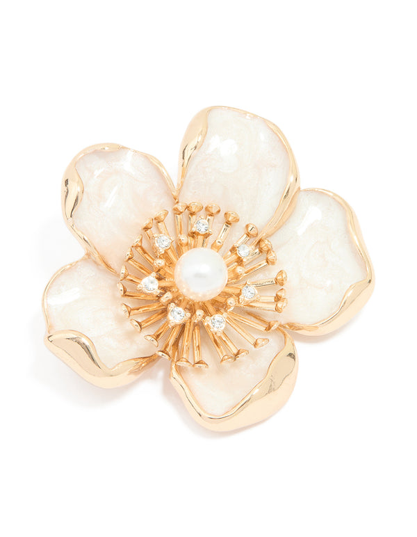 Gold Enamel Large Floral Brooch
