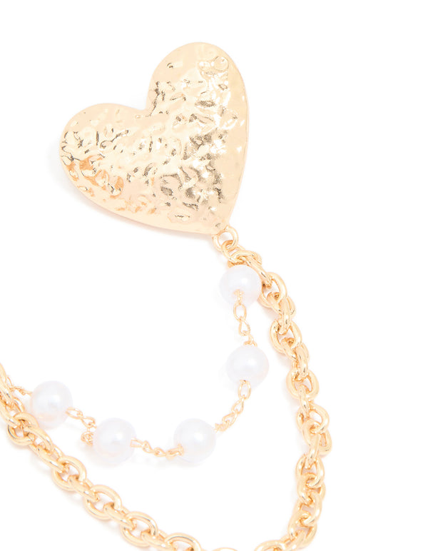 Gold Textured Double Heart Chain Brooch