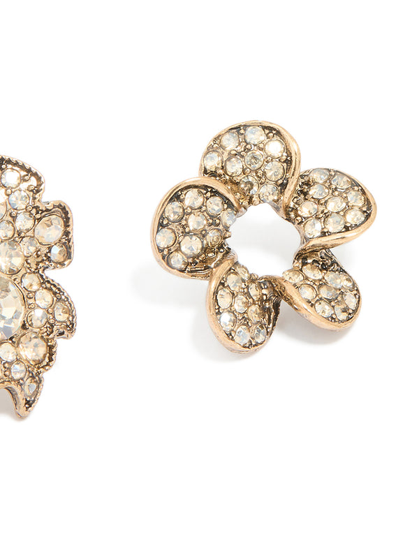 Worn Gold Diamante Leaf Brooches 3-Pack