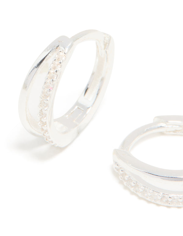 Designed with sterling silver cubic zirconia double hoop earrings and closure in silver close up view