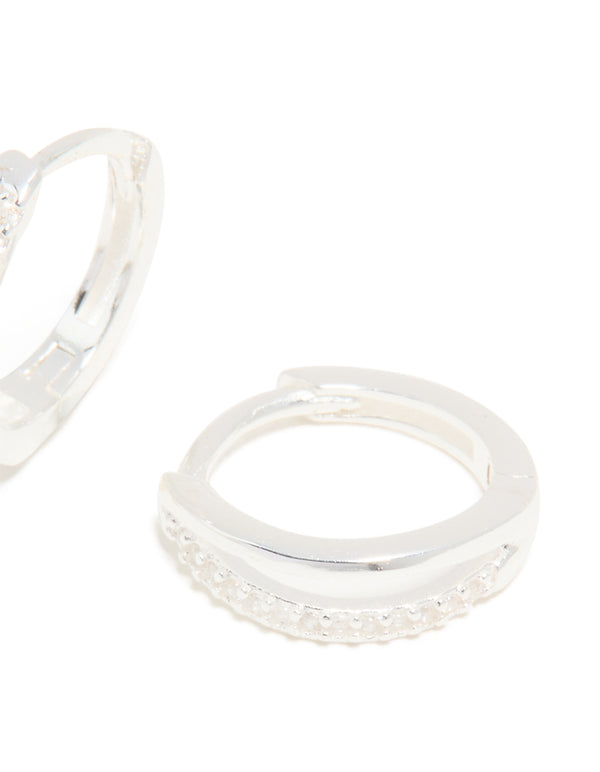 Presenting sterling silver cubic zirconia double hoop earrings with closure in silver post detail view