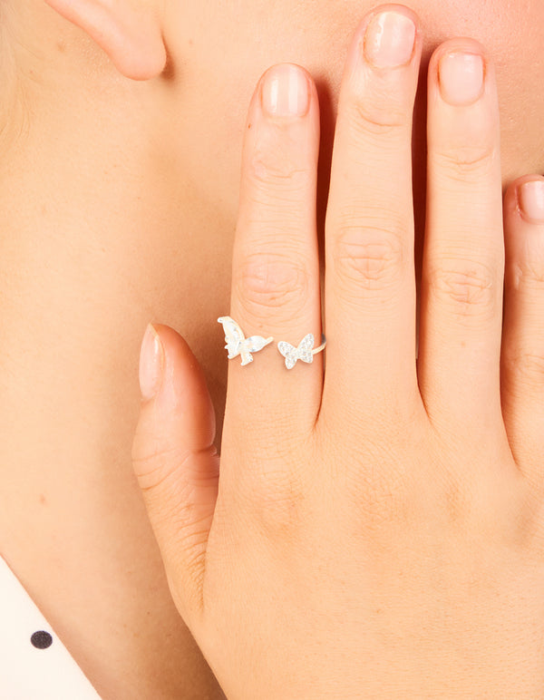 Sterling Silver Cubic Zirconia Adjustable Butterfly Ring