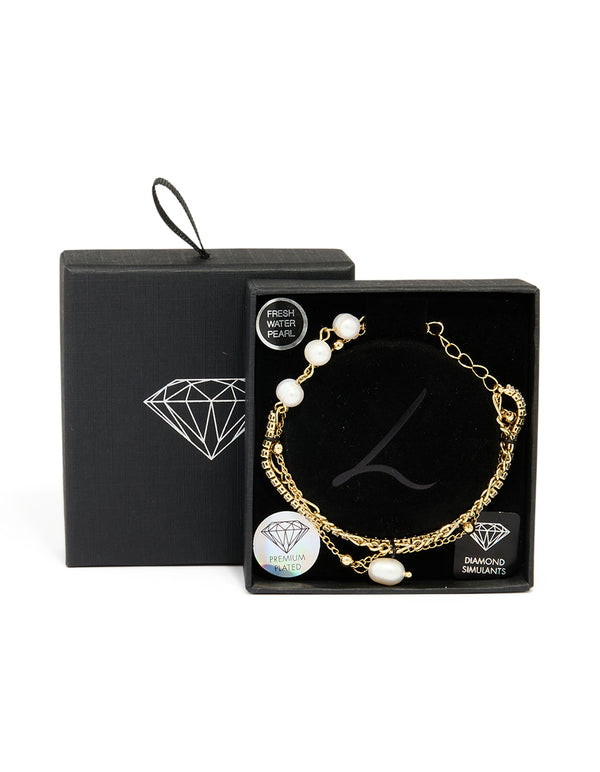 Gold Plated Freshwater Pearl Diamante Layered Chain Bracelet